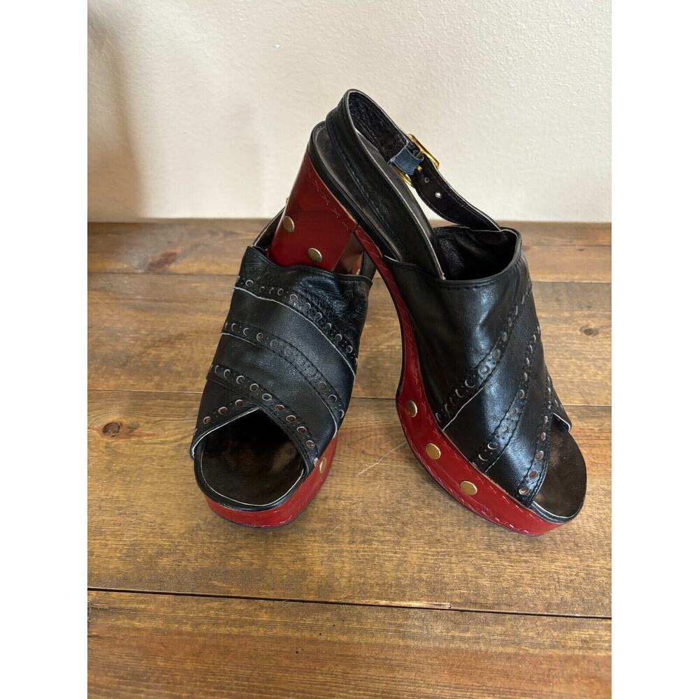 VINTAGE Pompei Sandal Black 7.5 Leather Platform Slingback Studded‎ Heels